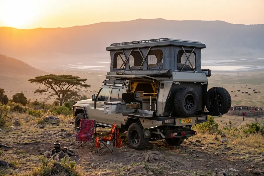 Land Cruiser 79 with the pop-top canopy raised at sunset above a crater, two camp chairs beside it