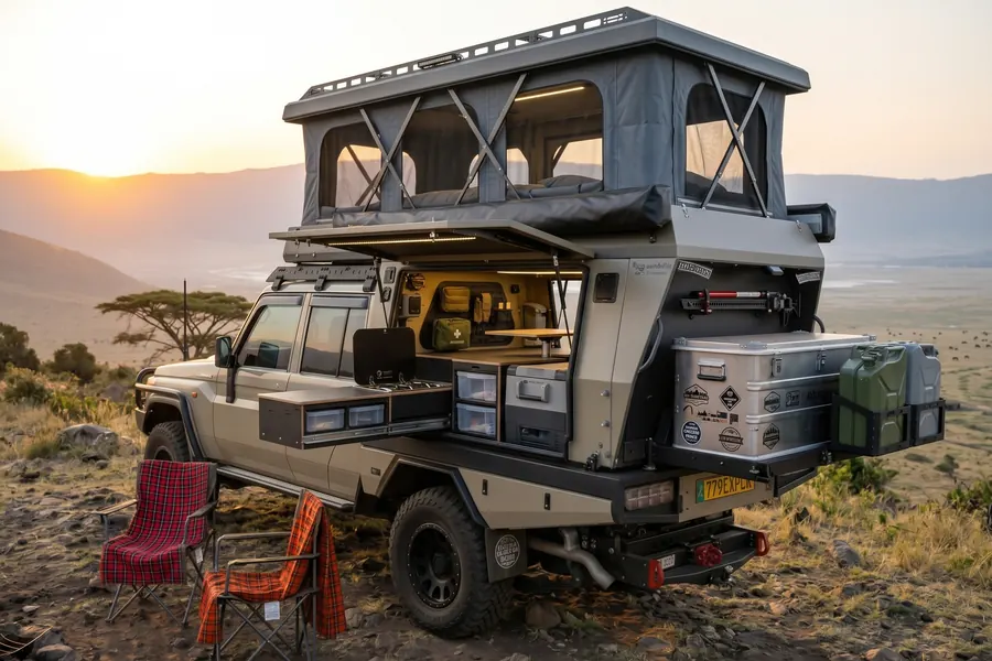 Kitchen slide-out with a gas cooker, drawers and a fridge slide under the open gull-wing hatch