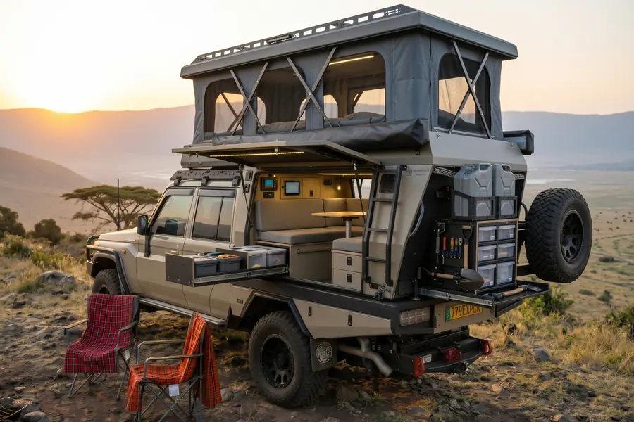 Inside the canopy: a lounge with a table, drawers on slides and a rear tool and storage rack
